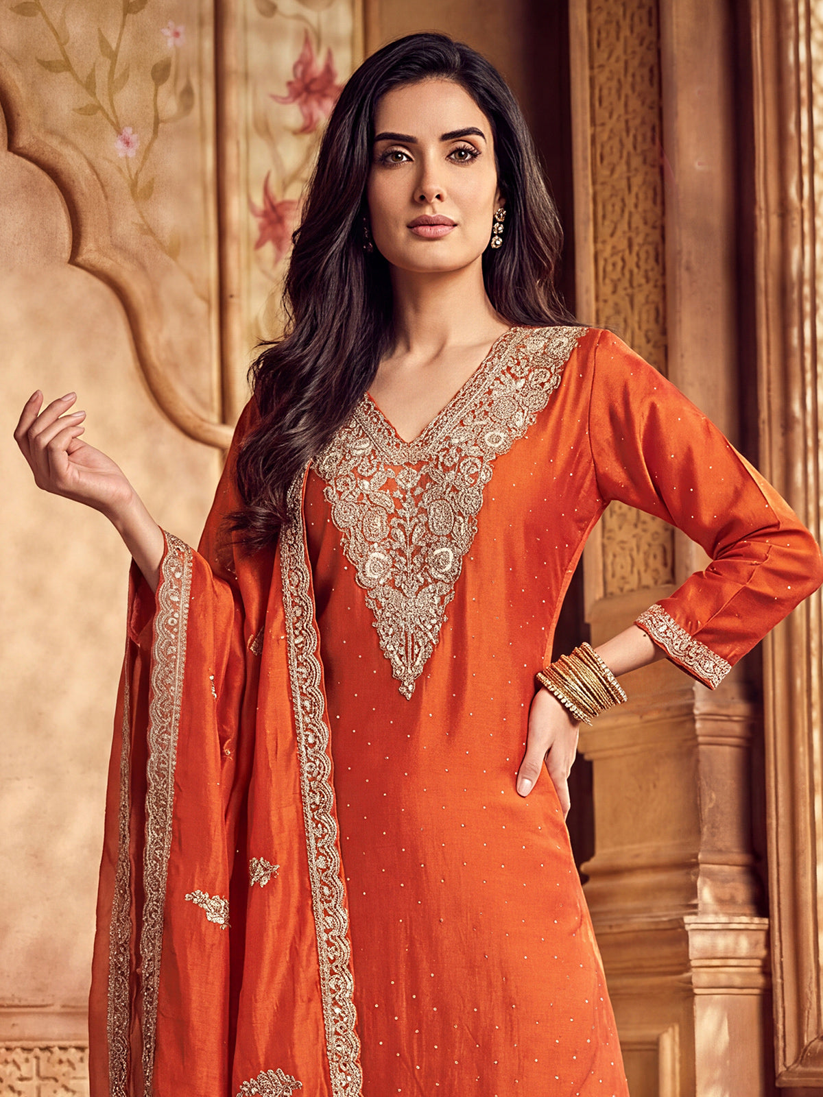 Rust orange silk pakistani palazzo suit with dupatta