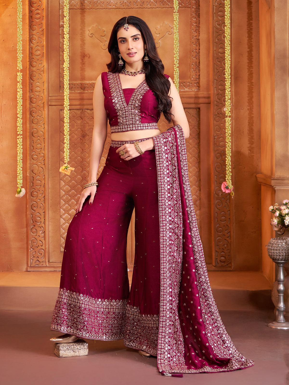 Wine silk sleeveless palazzo suit with dupatta set