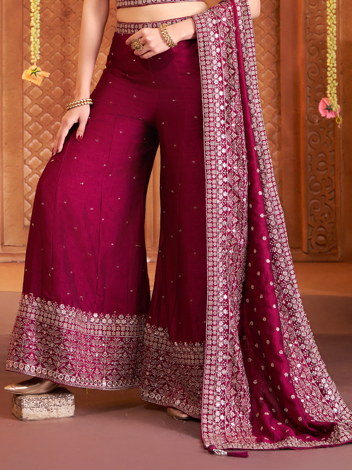Wine silk sleeveless palazzo suit with dupatta set