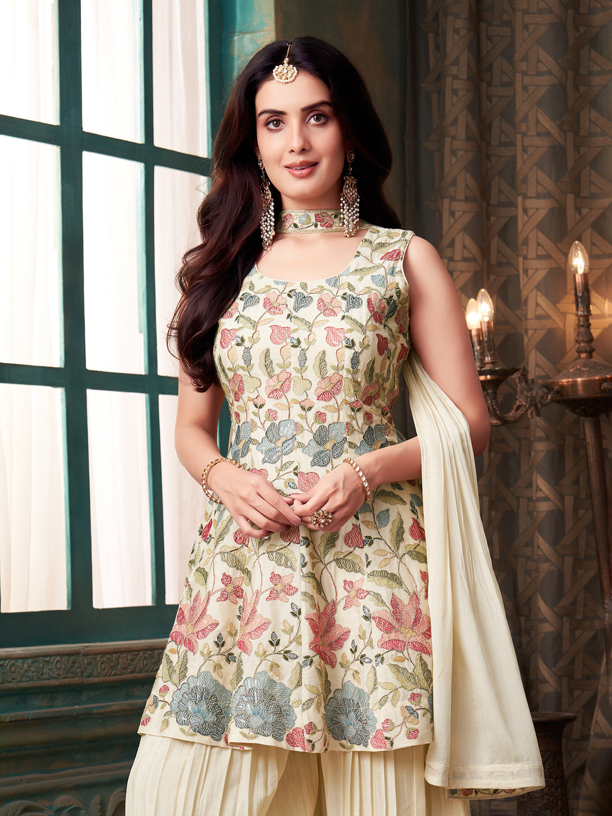 Cream chiffon palazzo suit with dupatta set