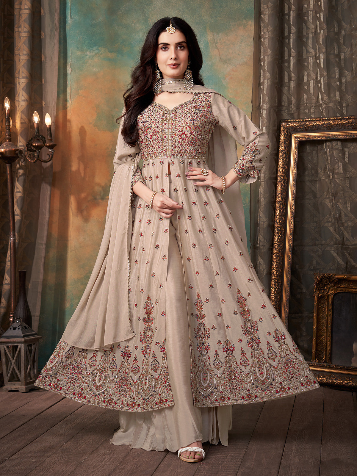 Pastel beige chiffon georgette anarkali palazzo suit