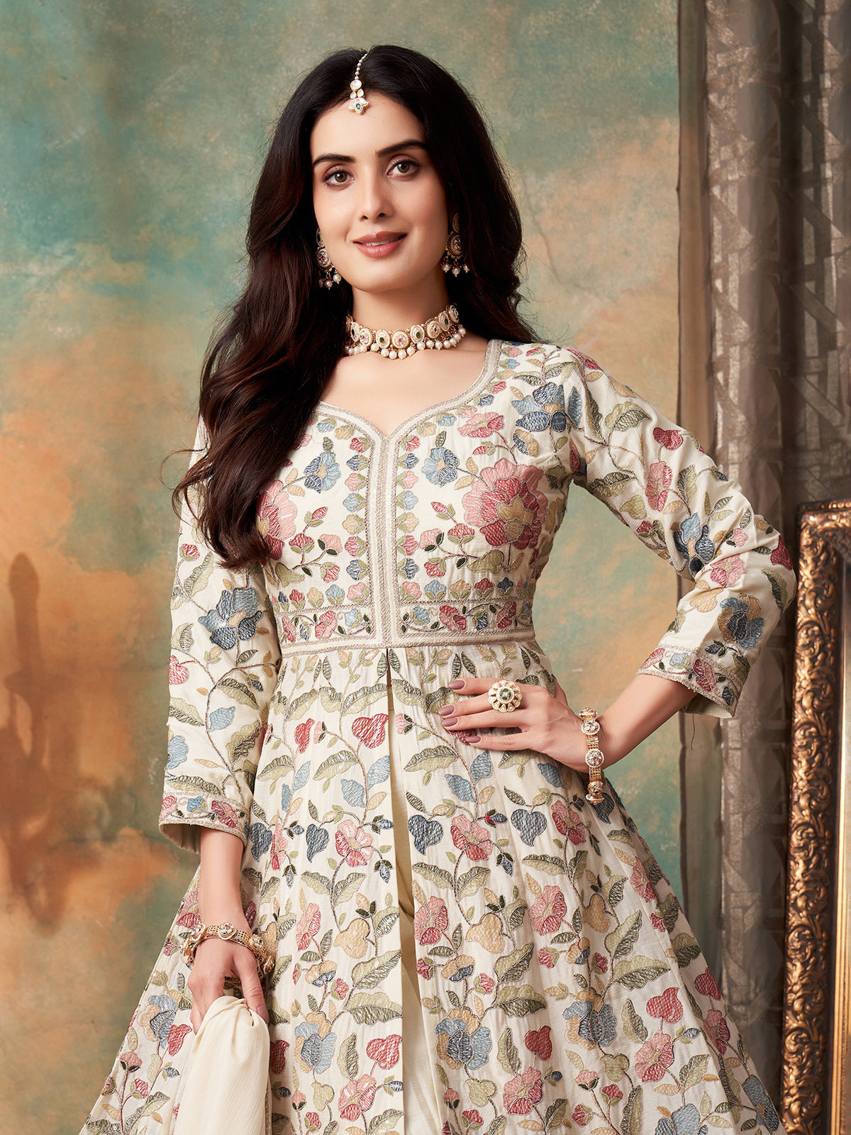 Cream silk anarkali palazzo suit with dupatta