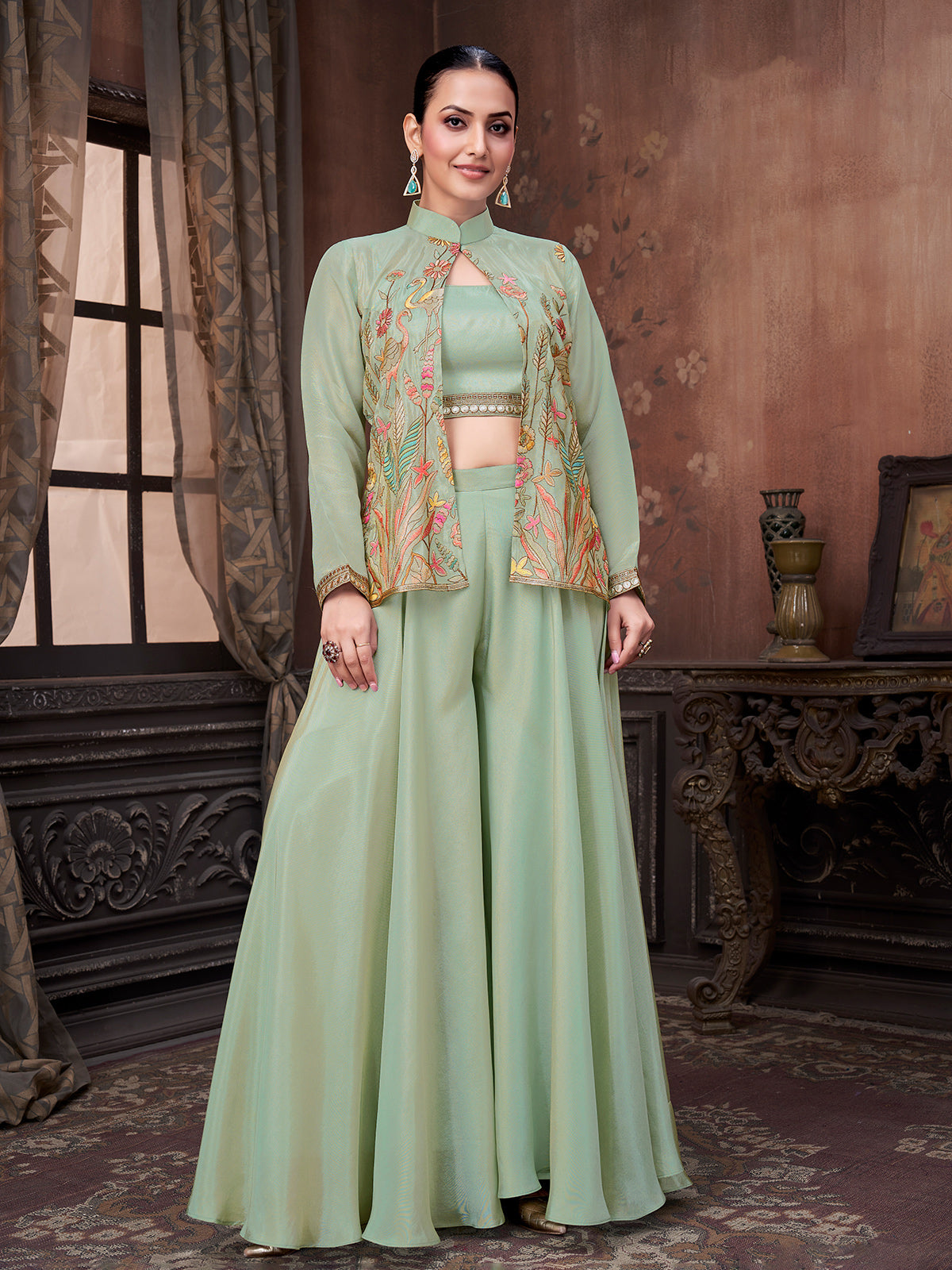 Pista green silk georgette designer palazzo suit set
