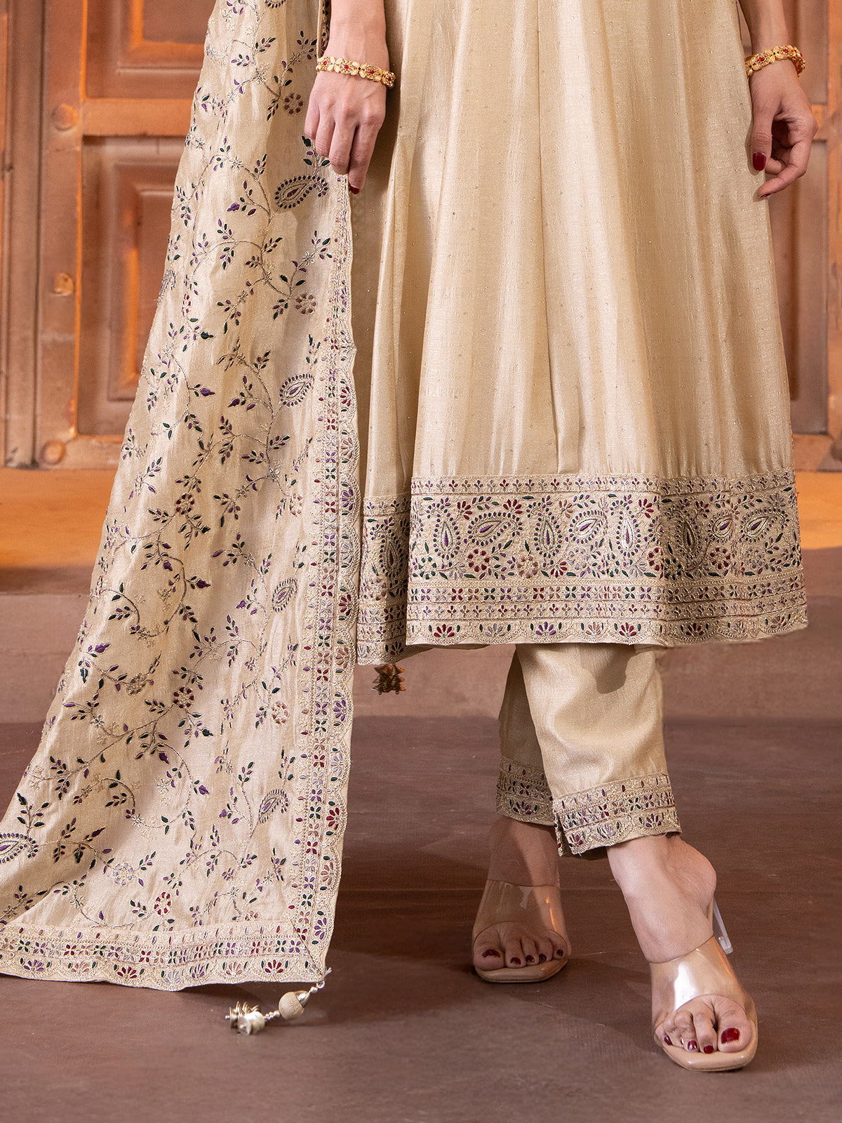 Beige silk anarkali salwar suit with dupatta set