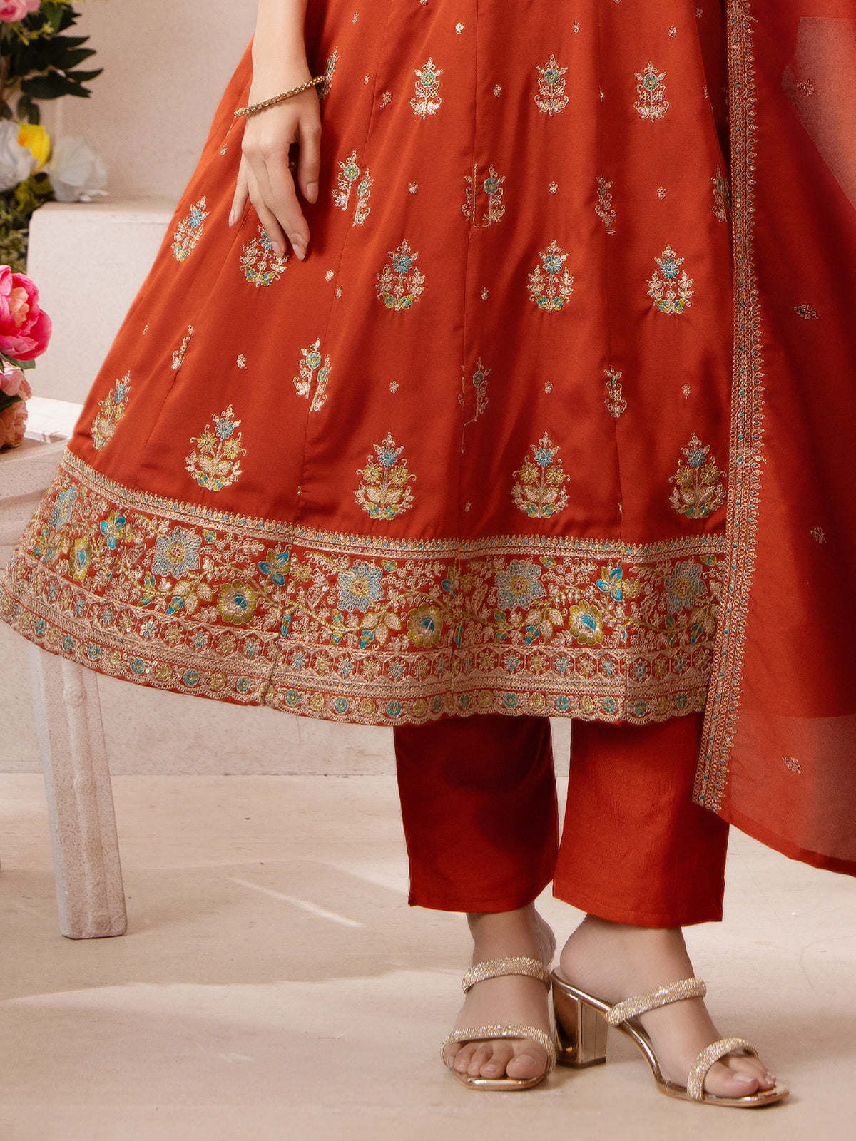 Orange silk straight cut salwar suit with dupatta
