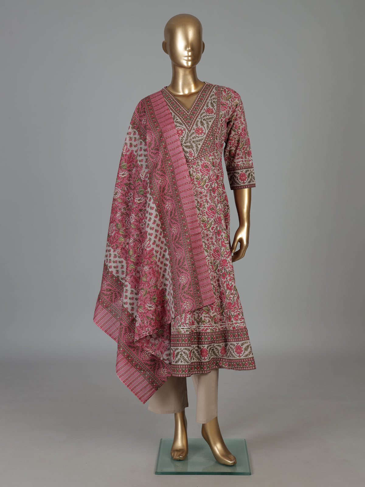 Off white printed cotton kurti set with printed dupatta