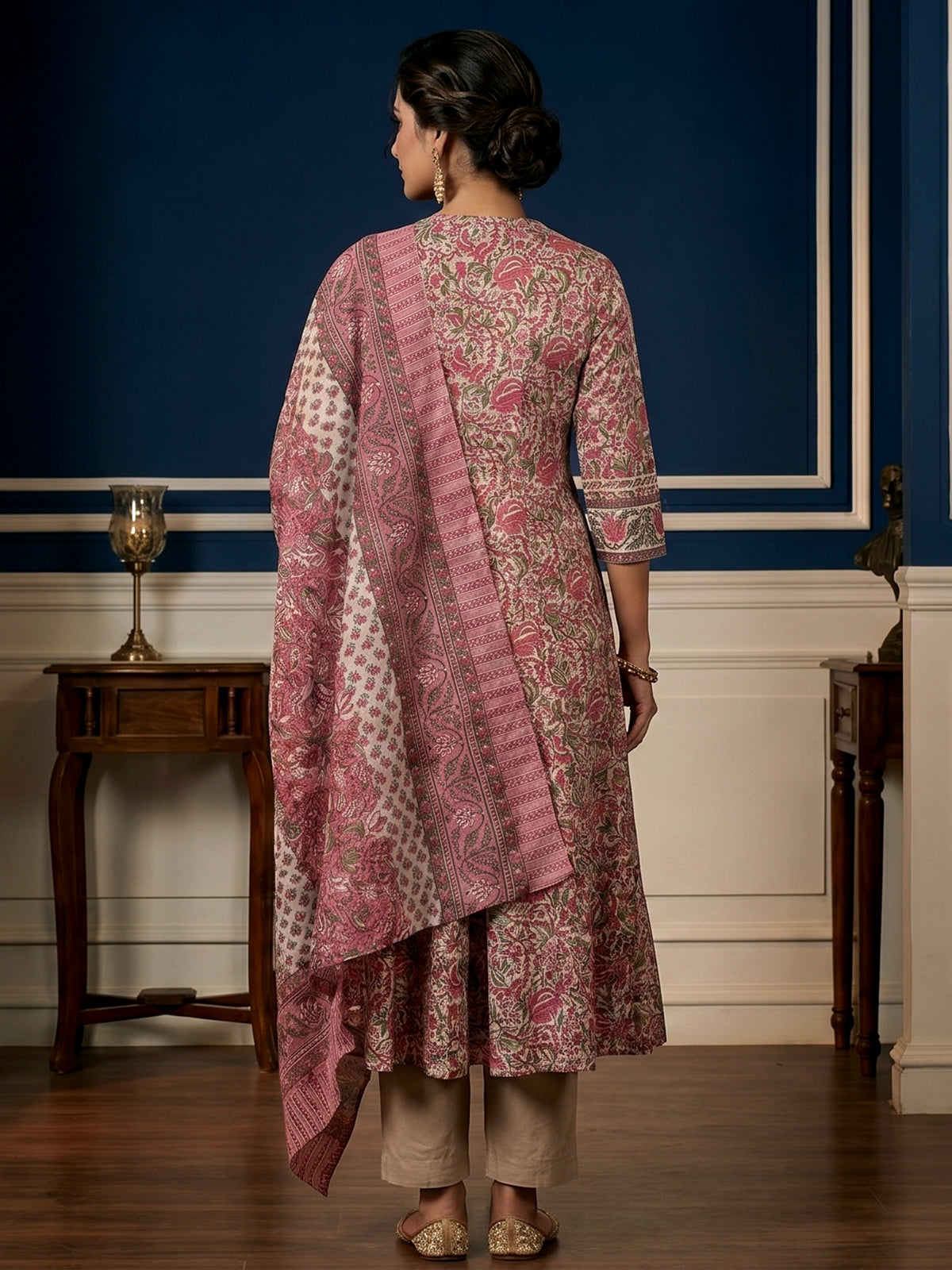 Off white printed cotton kurti set with printed dupatta