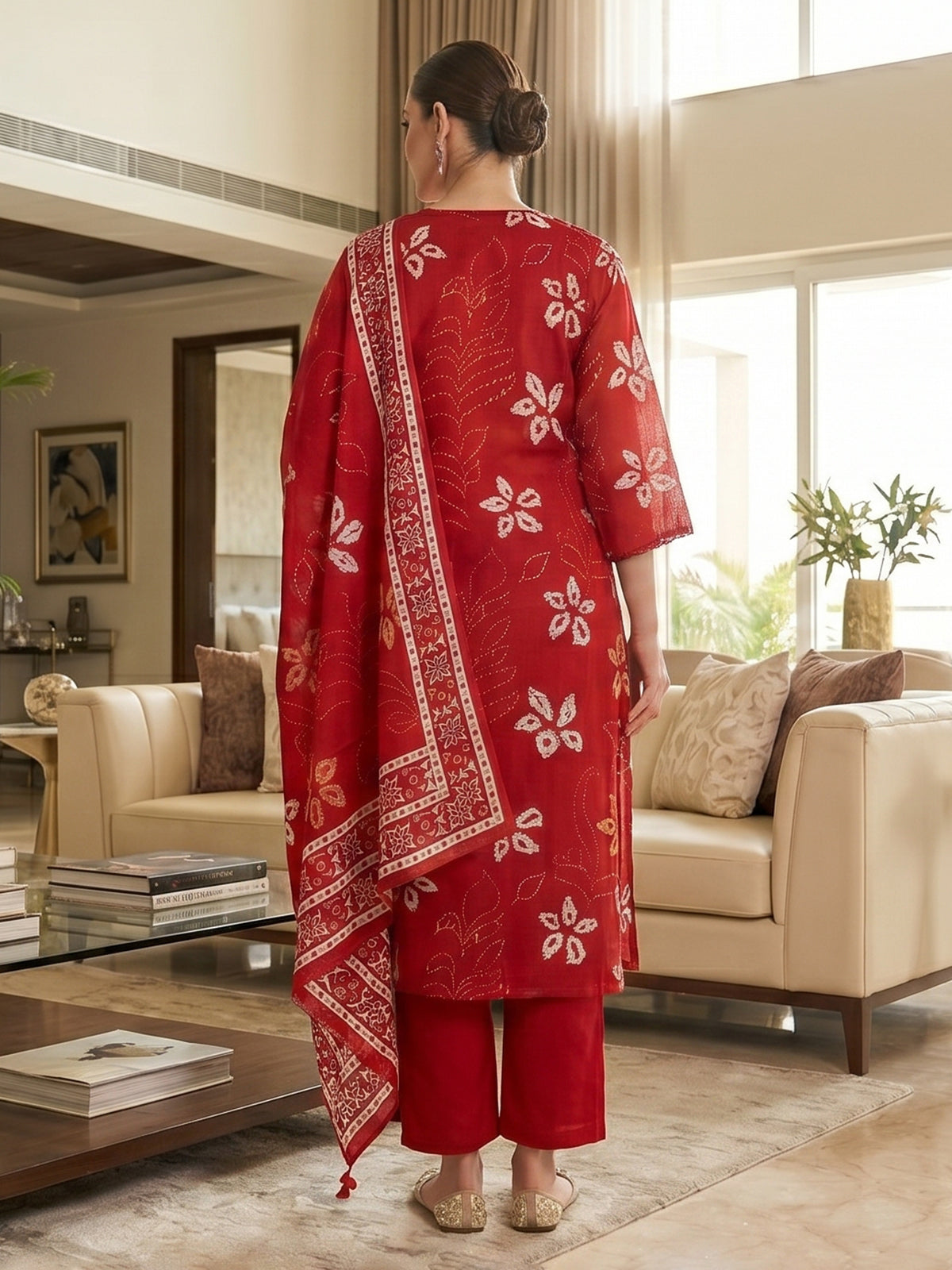 Red festive wear cotton printed kurti set