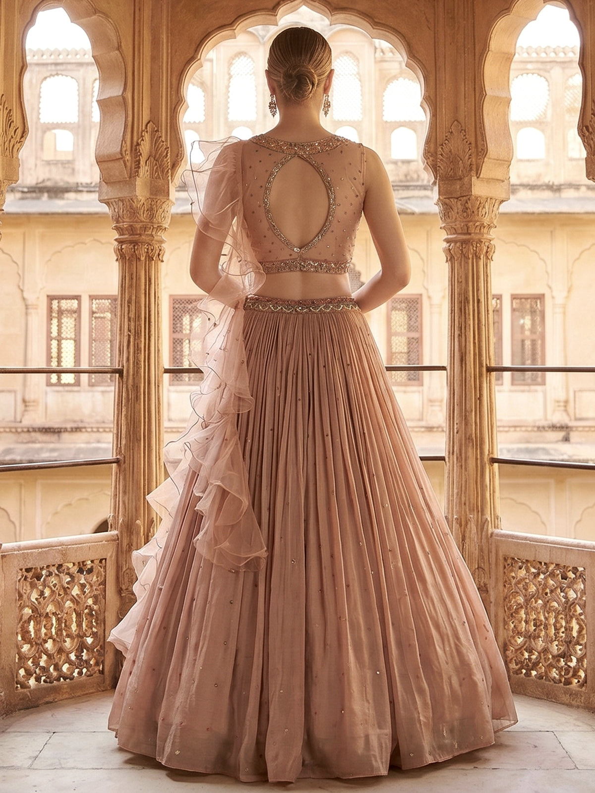 Onion pink party wear lehenga choli with ruffle dupatta