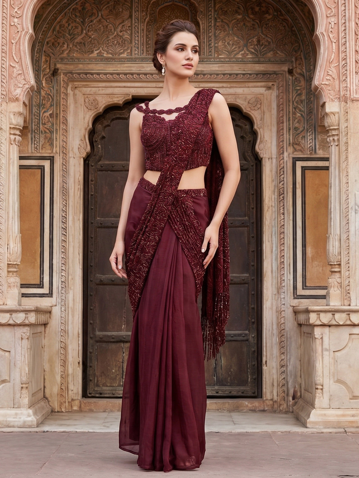 Wine chiffon georgette ready to wear saree with designer embellishments