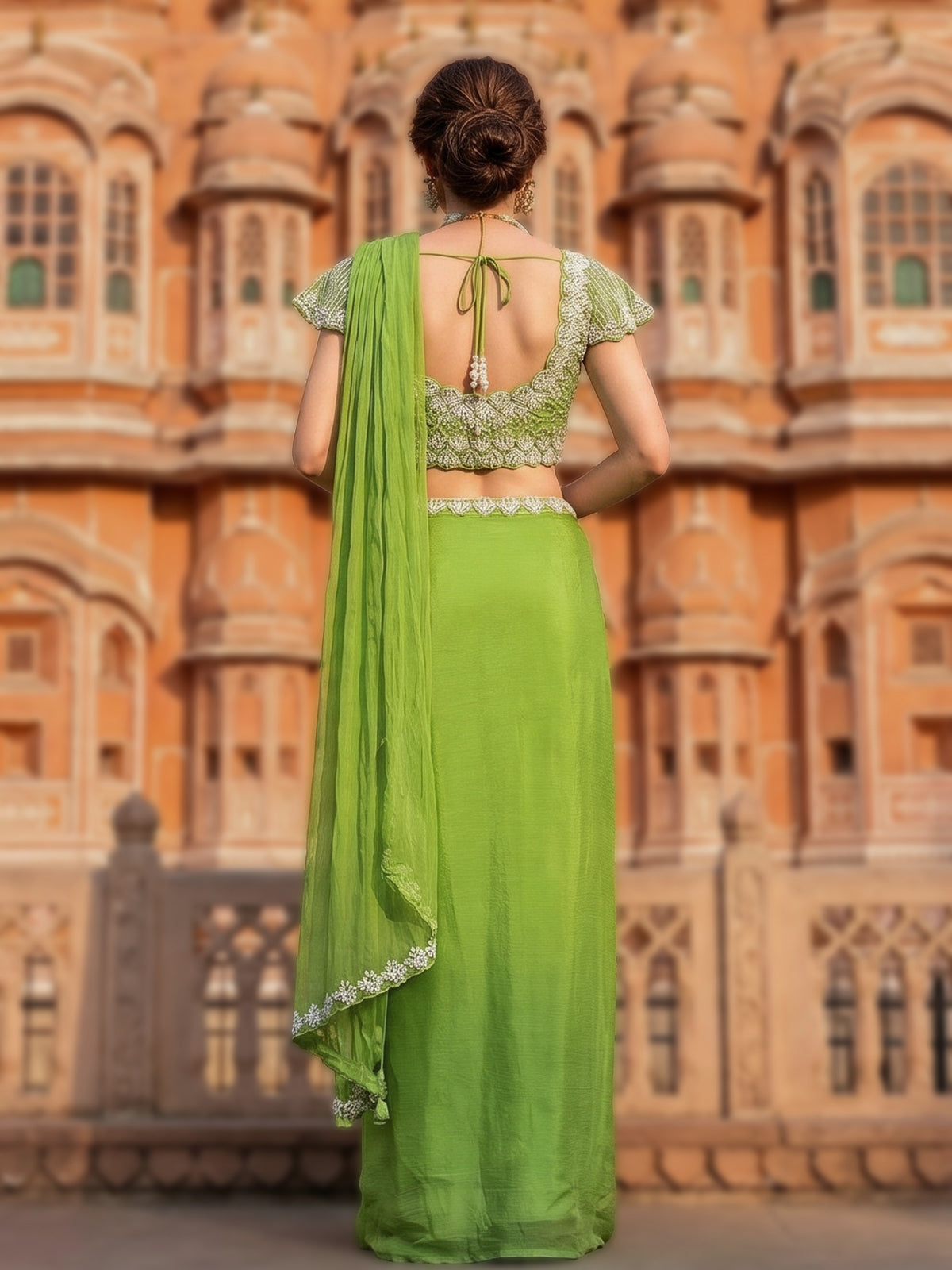 Parrot green chiffon georgette ready to wear saree with pearl detailing