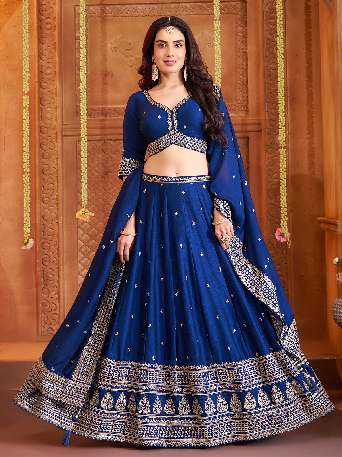 Royal blue silk embroidered lehenga choli for wedding