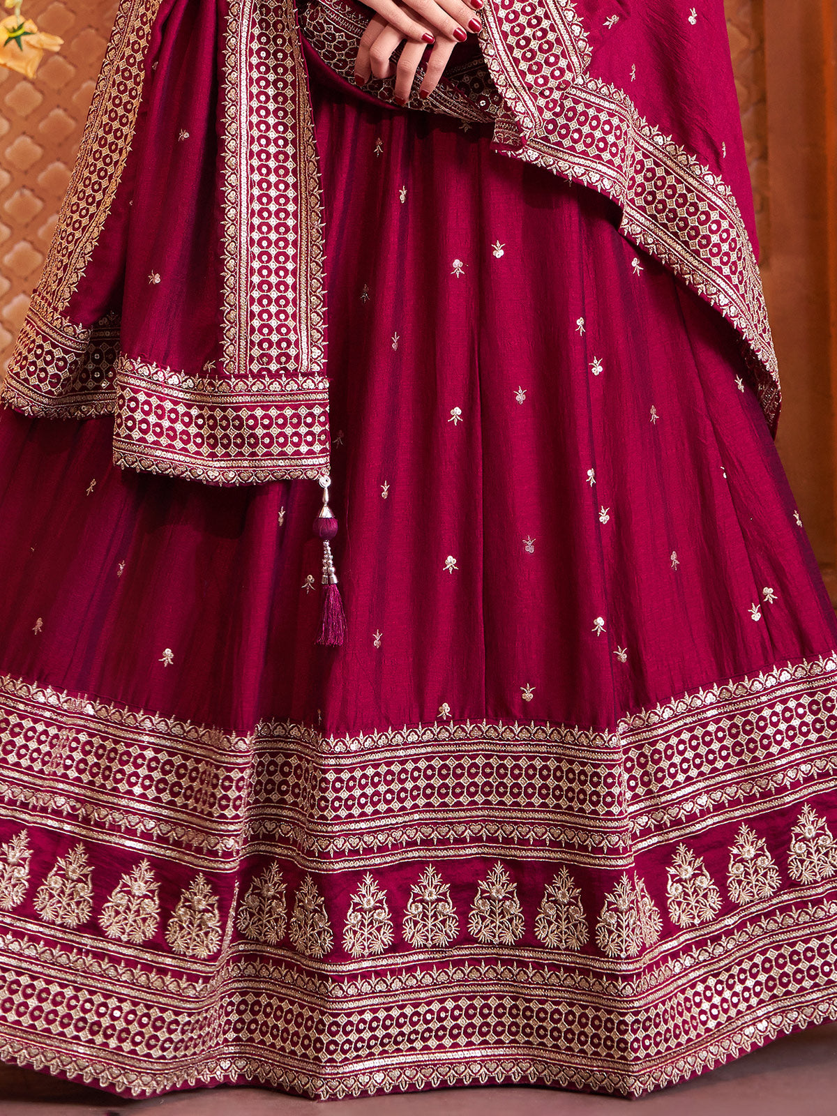 Maroon silk embroidered lehenga choli with dupatta set