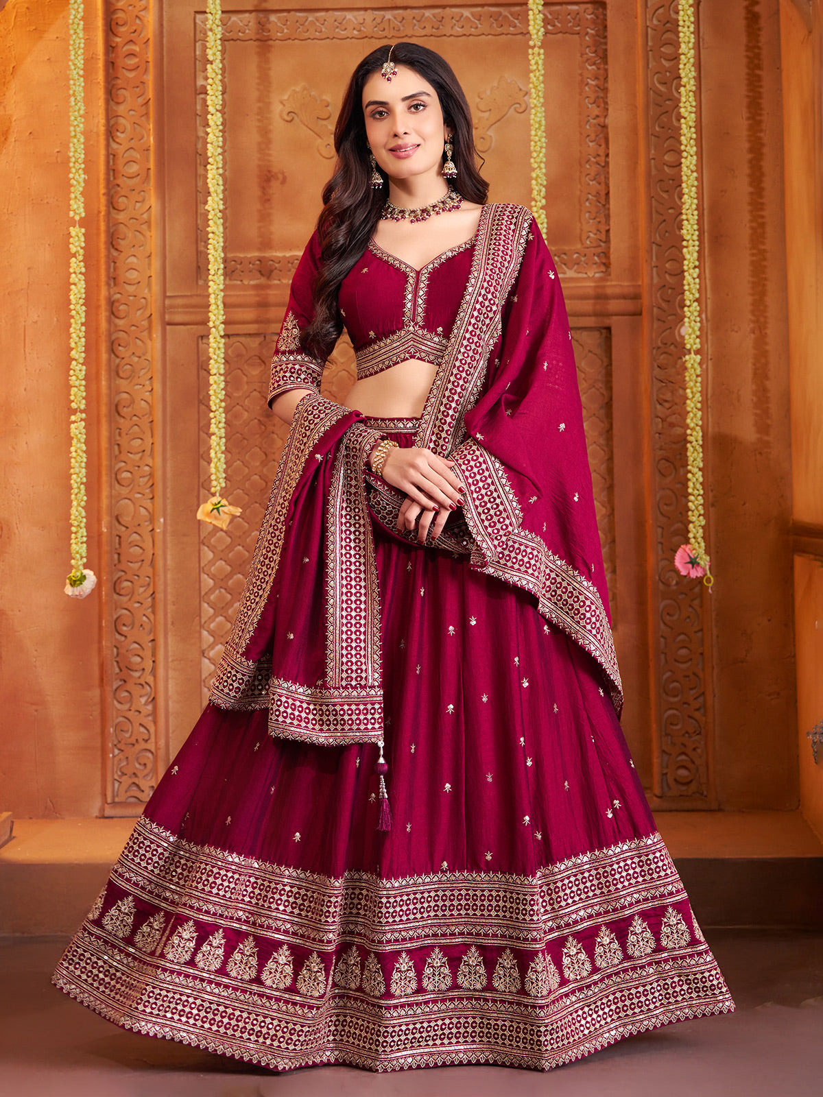 Maroon silk embroidered lehenga choli with dupatta set