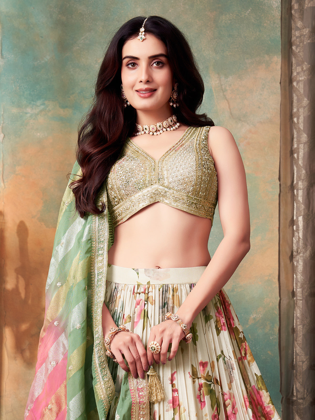 Cream soft silk floral embellished lehenga choli set