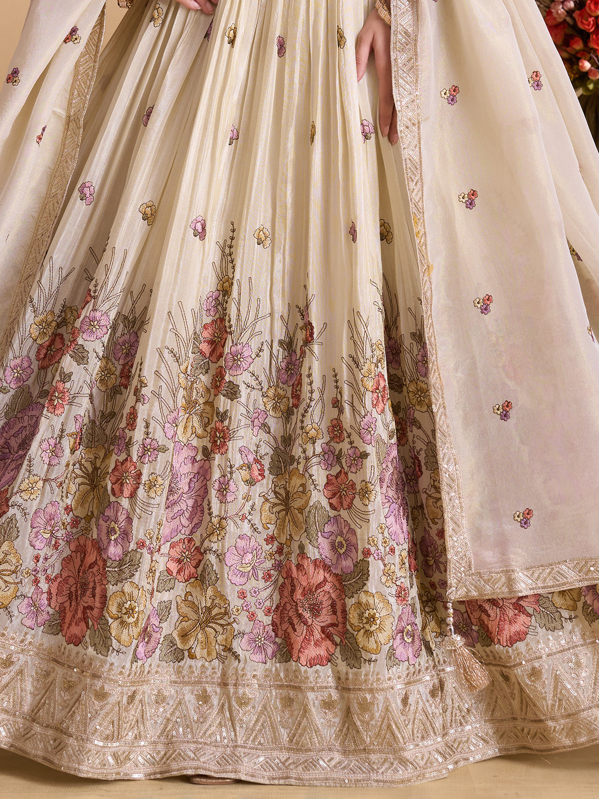 Cream silk heavy embellished lehenga choli with dupatta