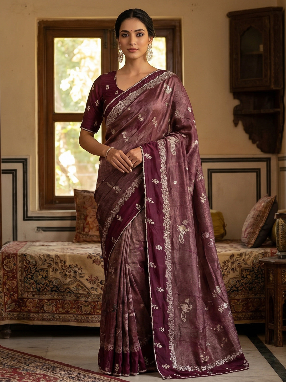 Wine dola silk elegant festive designer saree