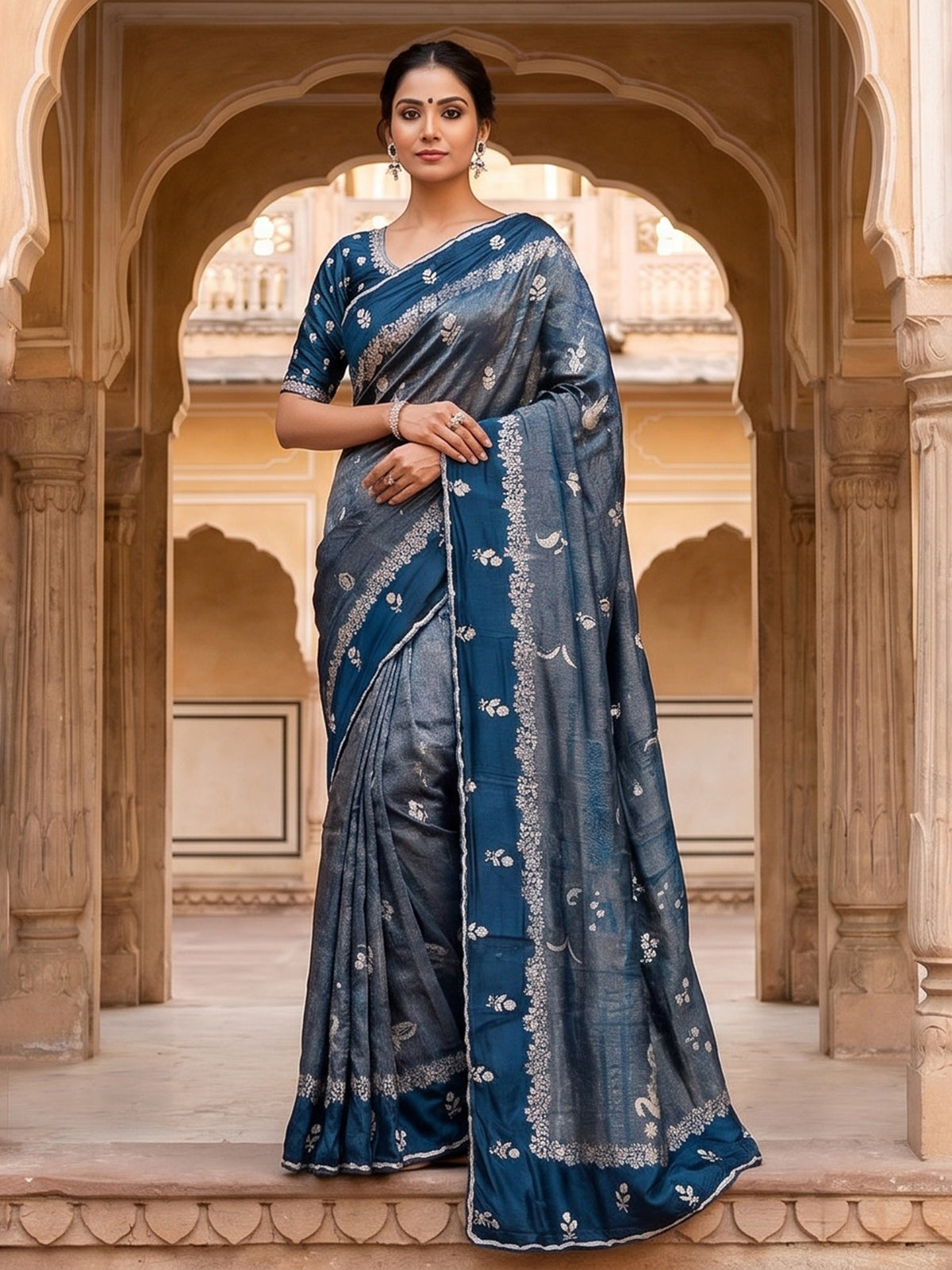 Peacock blue dola silk festive embroidered silk saree