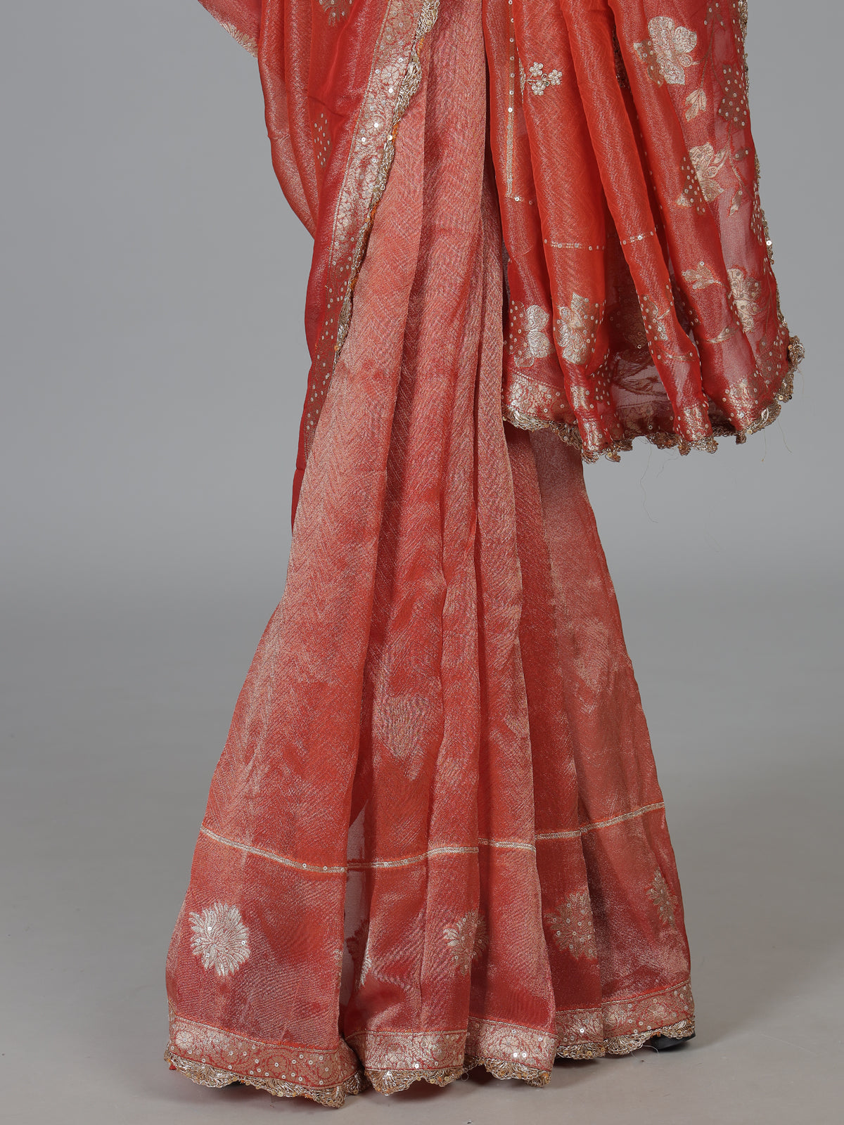 Orange dola silk embellished bridal festive saree