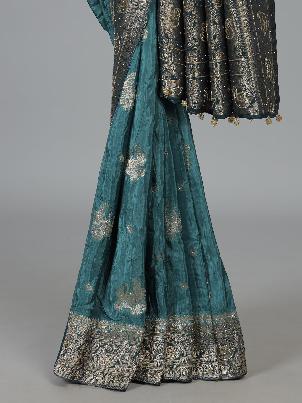 Teal blue floral bird border festive saree