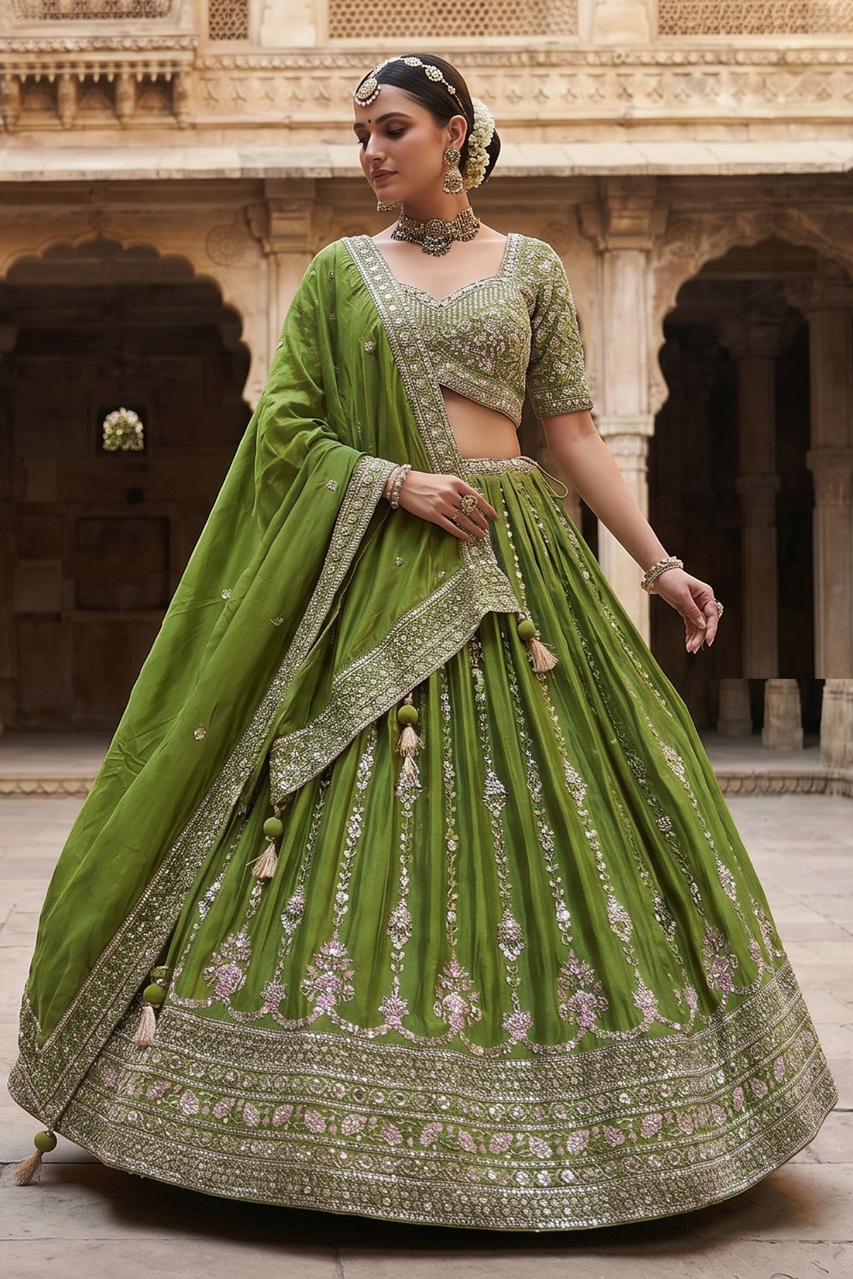 Lime green lehenga choli with silver scallops