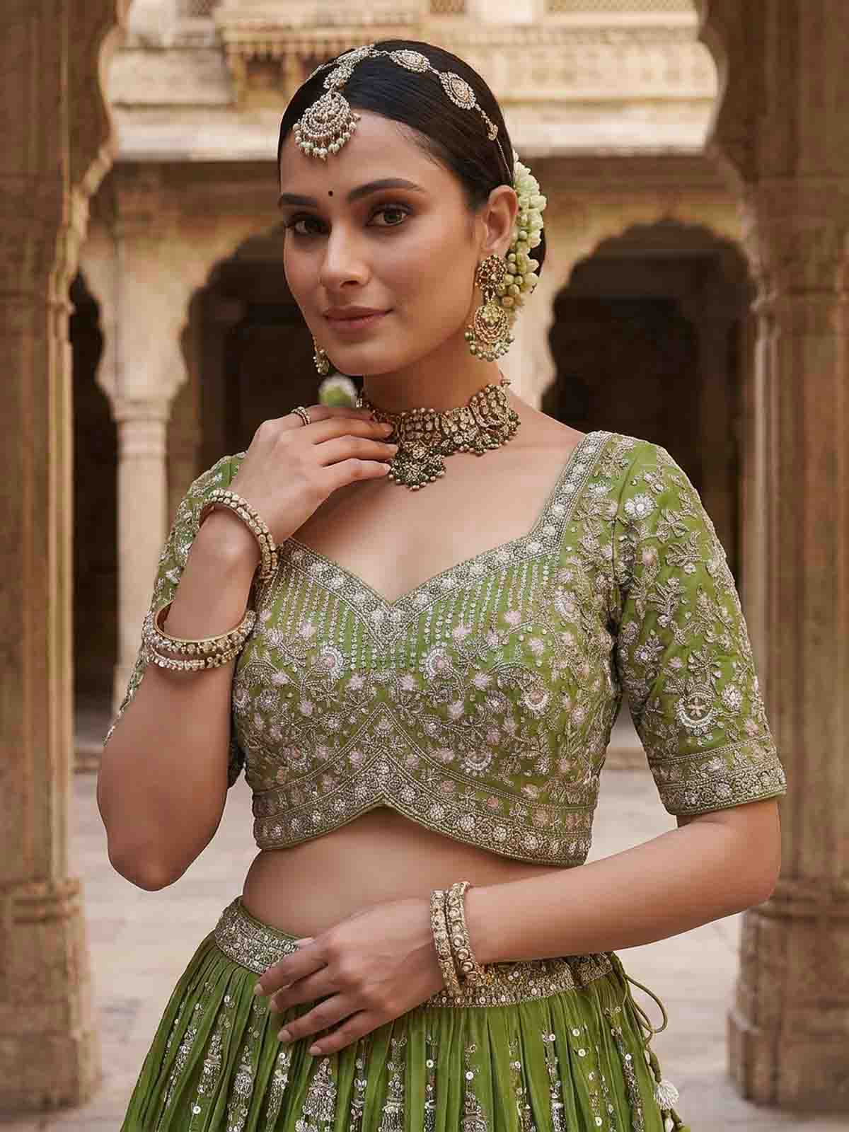 Lime green lehenga choli with silver scallops