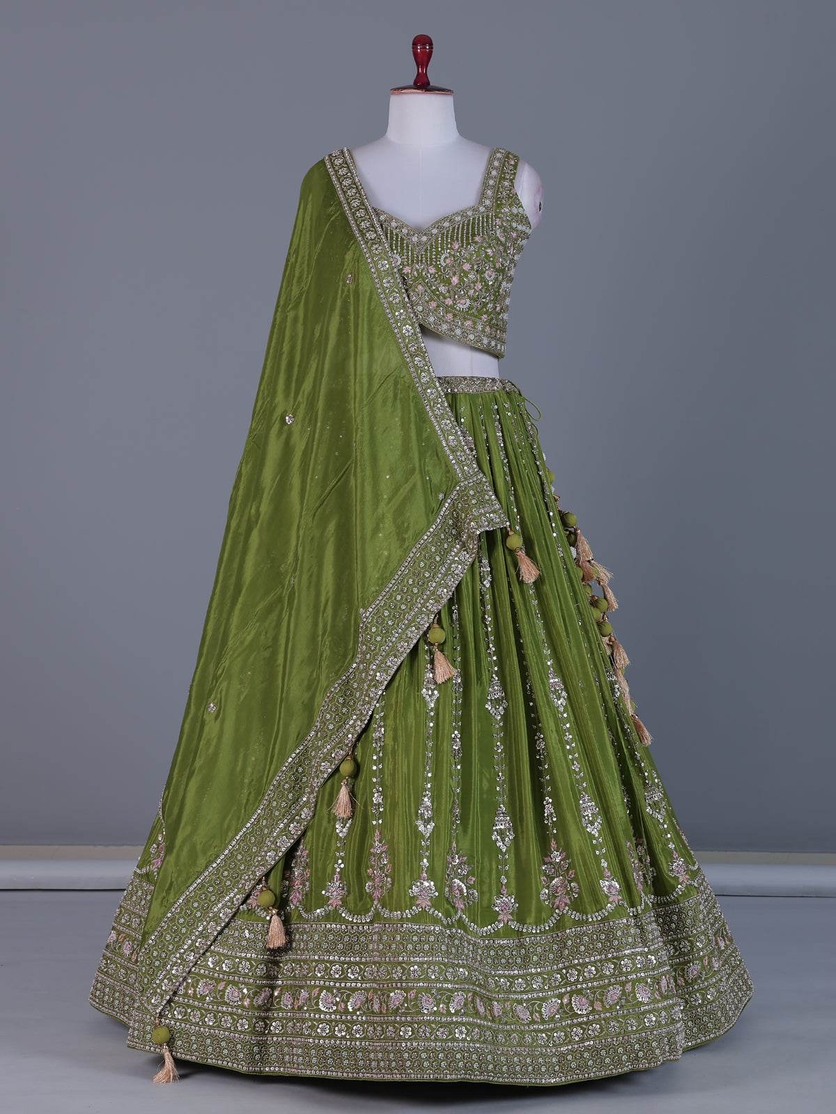 Lime green lehenga choli with silver scallops