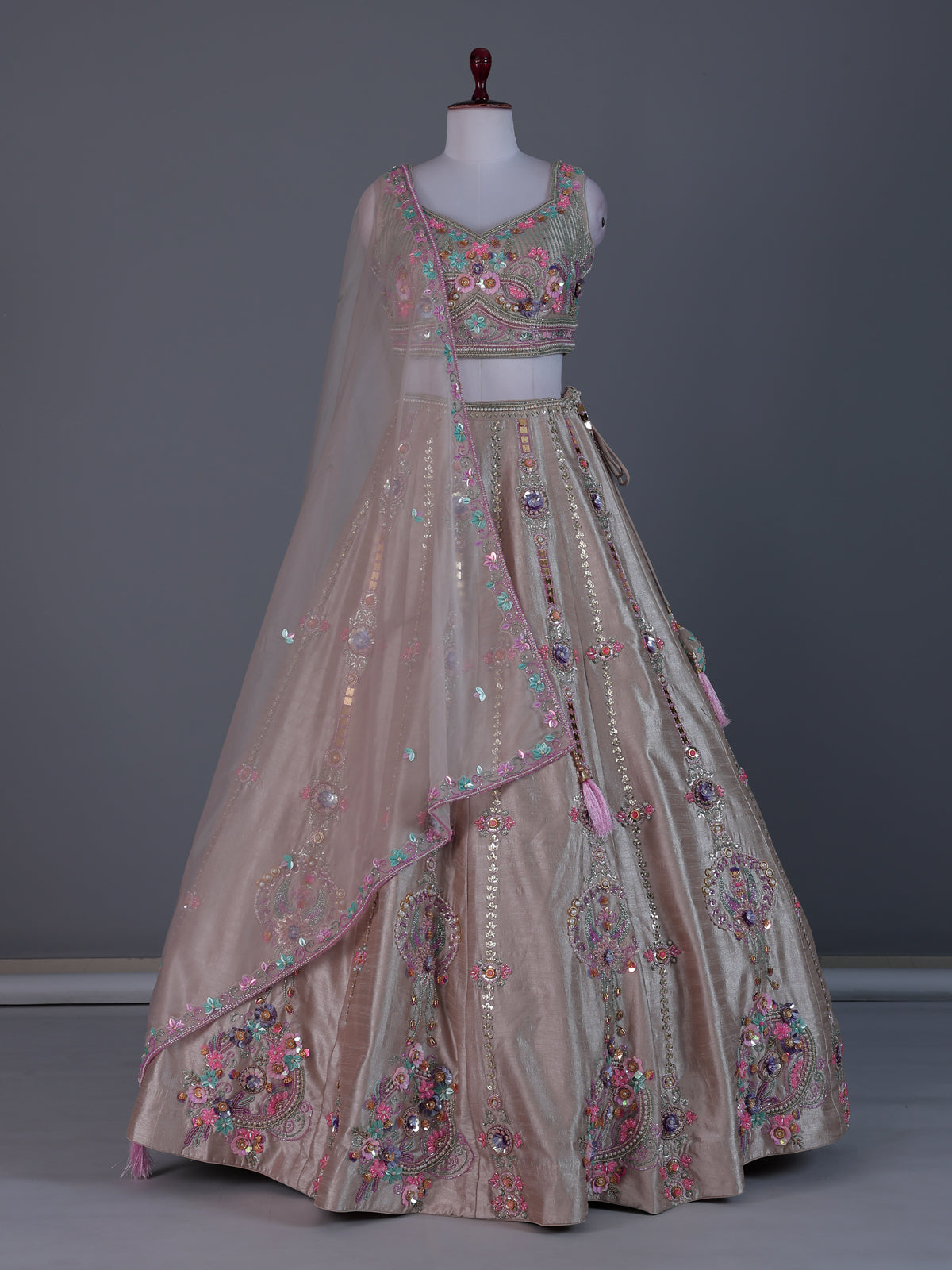 Beige mirror lehenga with pastel dupatta