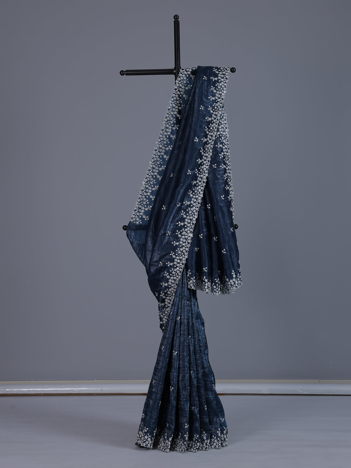 Majestic navy blue festive organza saree
