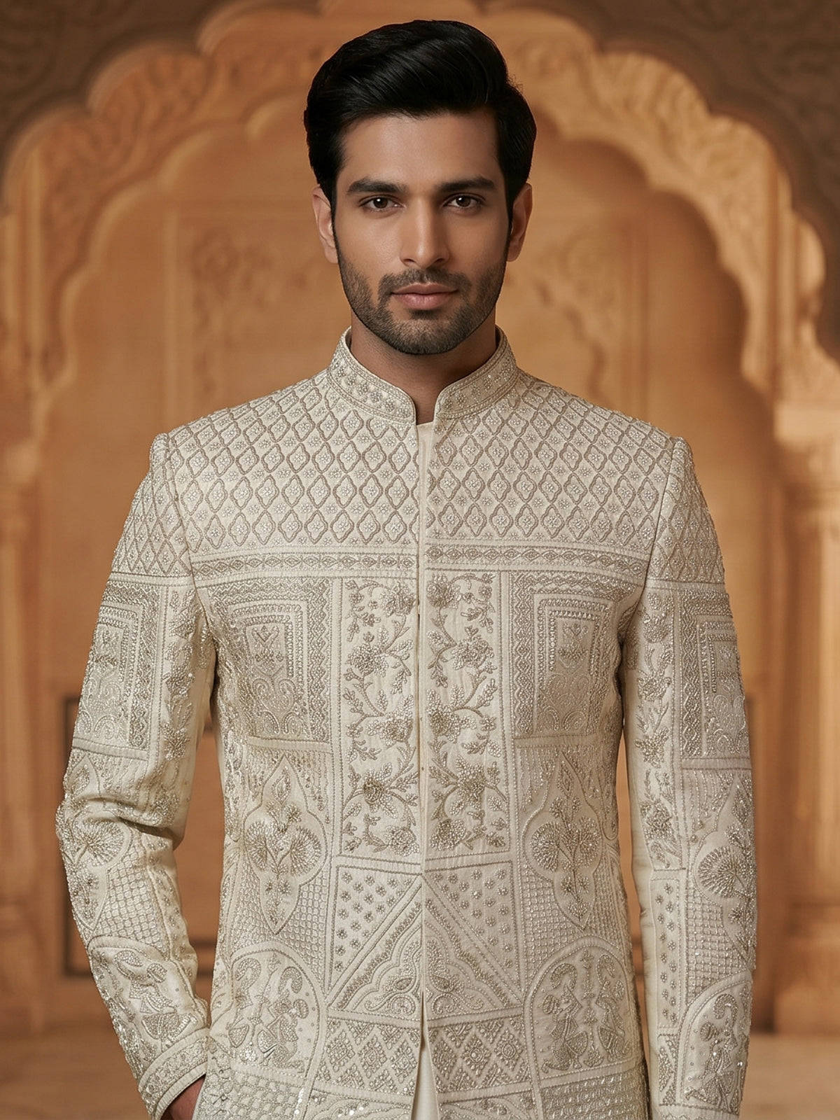 Elegant pista green raw silk full sleeves sherwani