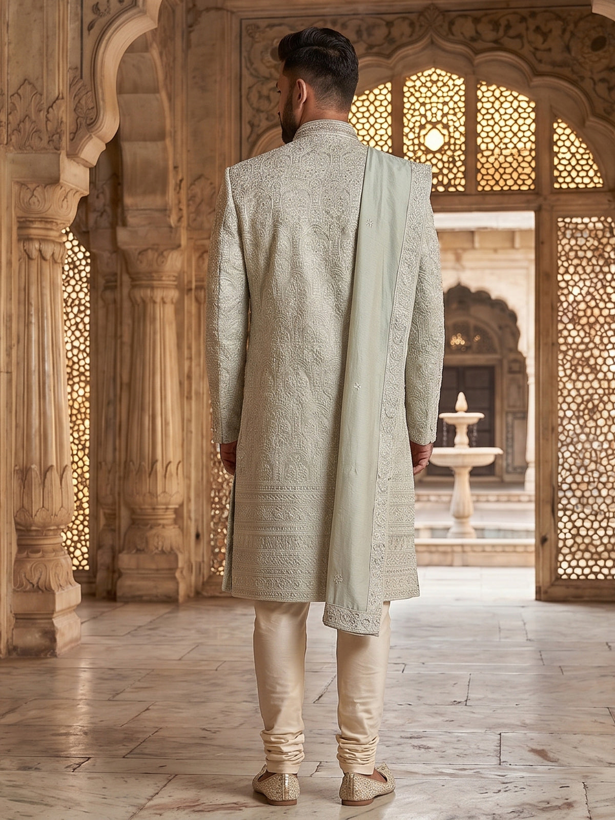 Sophisticated pista green jacquard silk full sleeves sherwani
