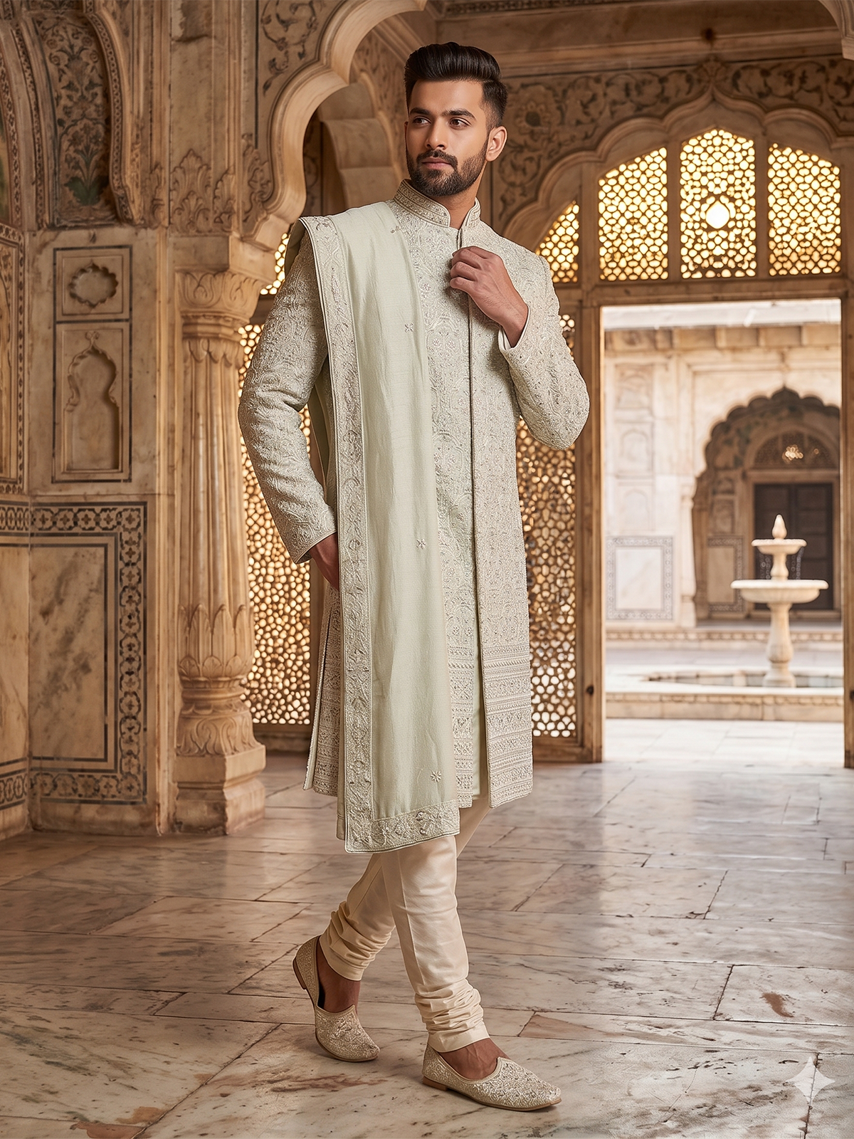 Sophisticated pista green jacquard silk full sleeves sherwani