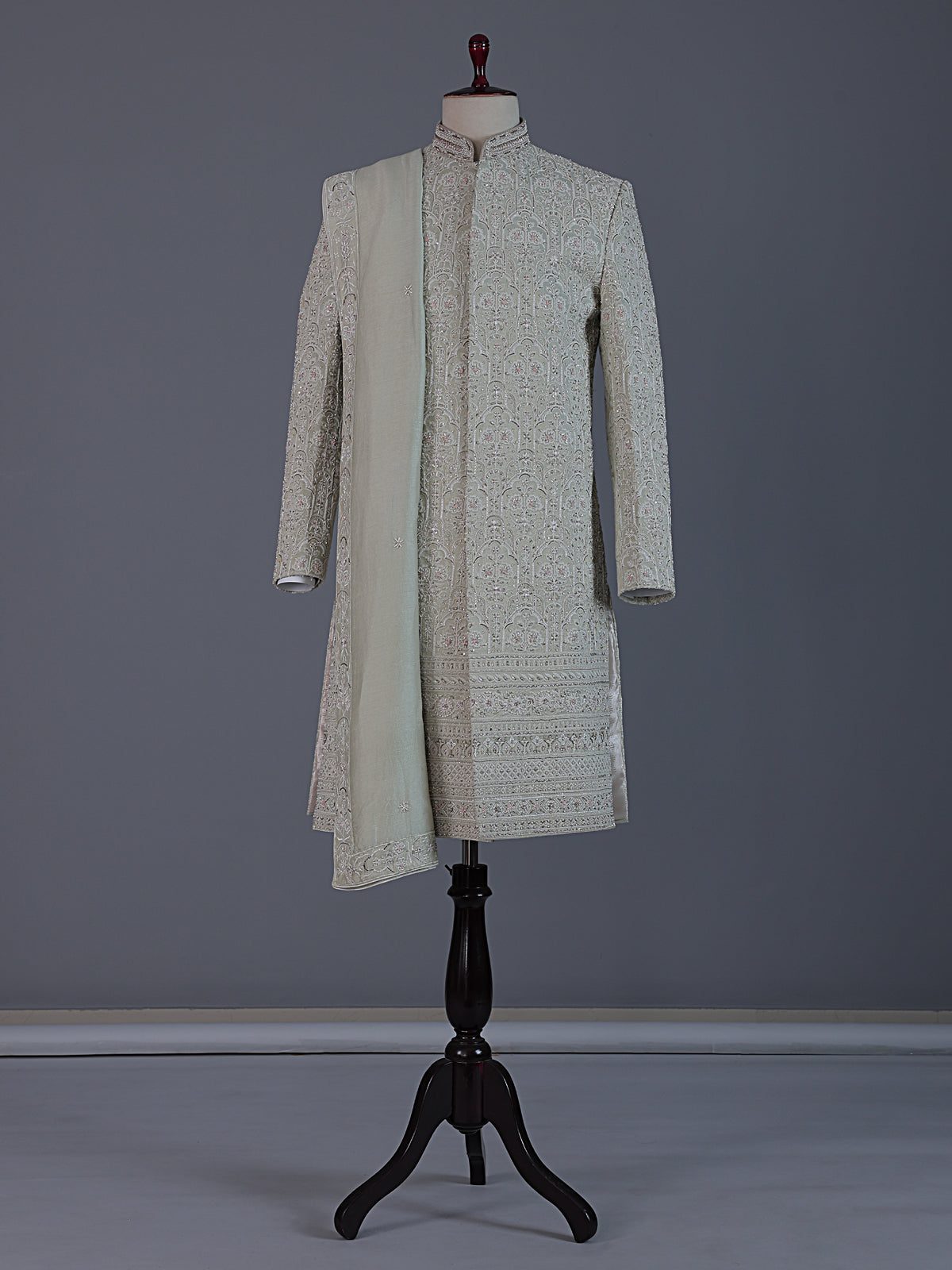 Sophisticated pista green jacquard silk full sleeves sherwani