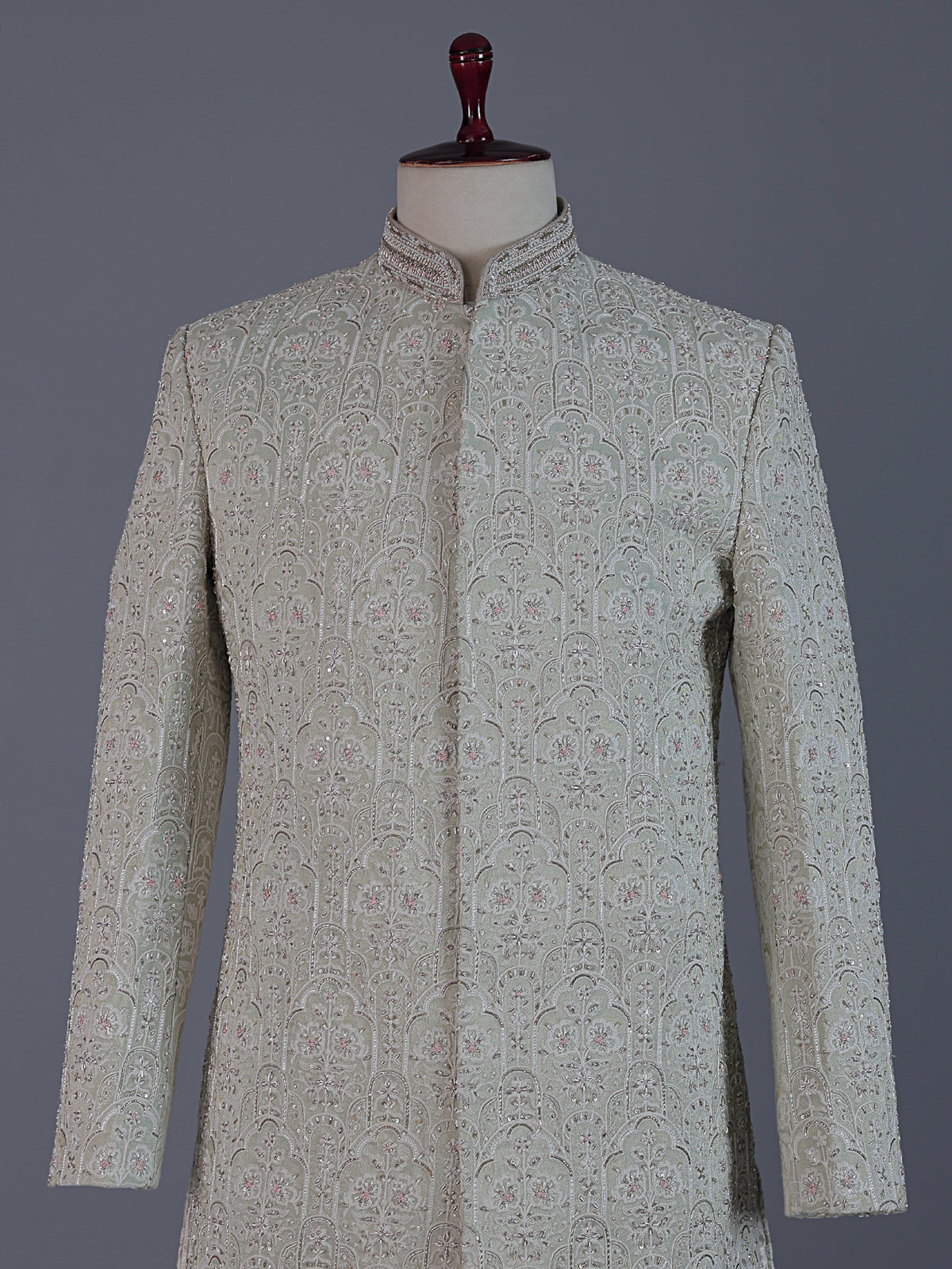 Sophisticated pista green jacquard silk full sleeves sherwani
