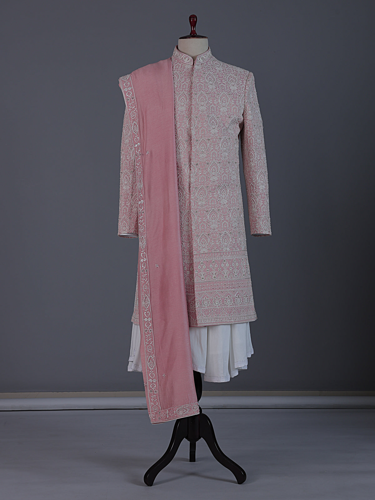 Premium pink silk full sleeves sherwani ensemble