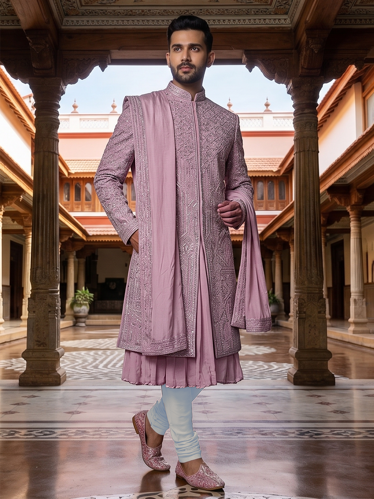 Classic light pink banarasi silk full sleeves sherwani