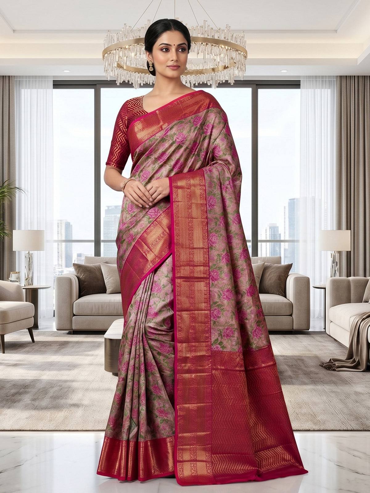 Light pink Kanjivaram silk saree with rose motifs