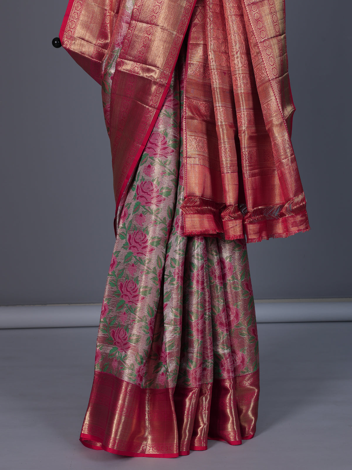 Light pink Kanjivaram silk saree with rose motifs
