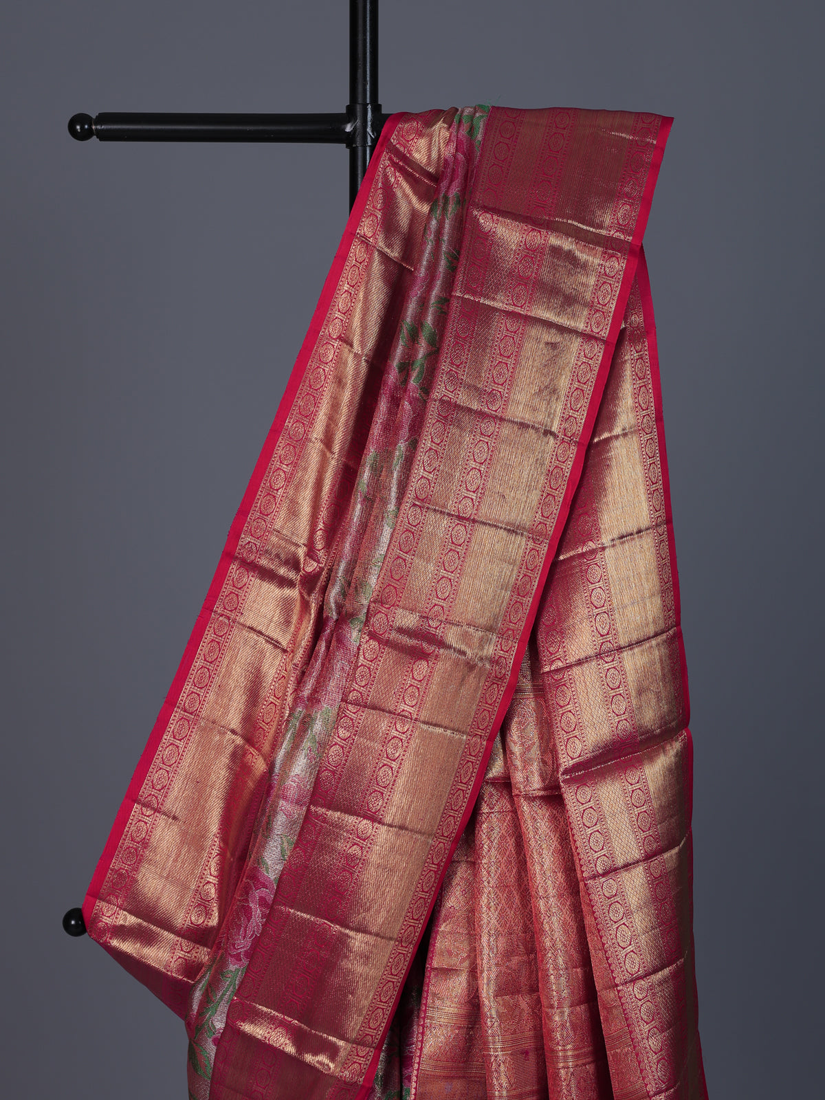 Light pink Kanjivaram silk saree with rose motifs