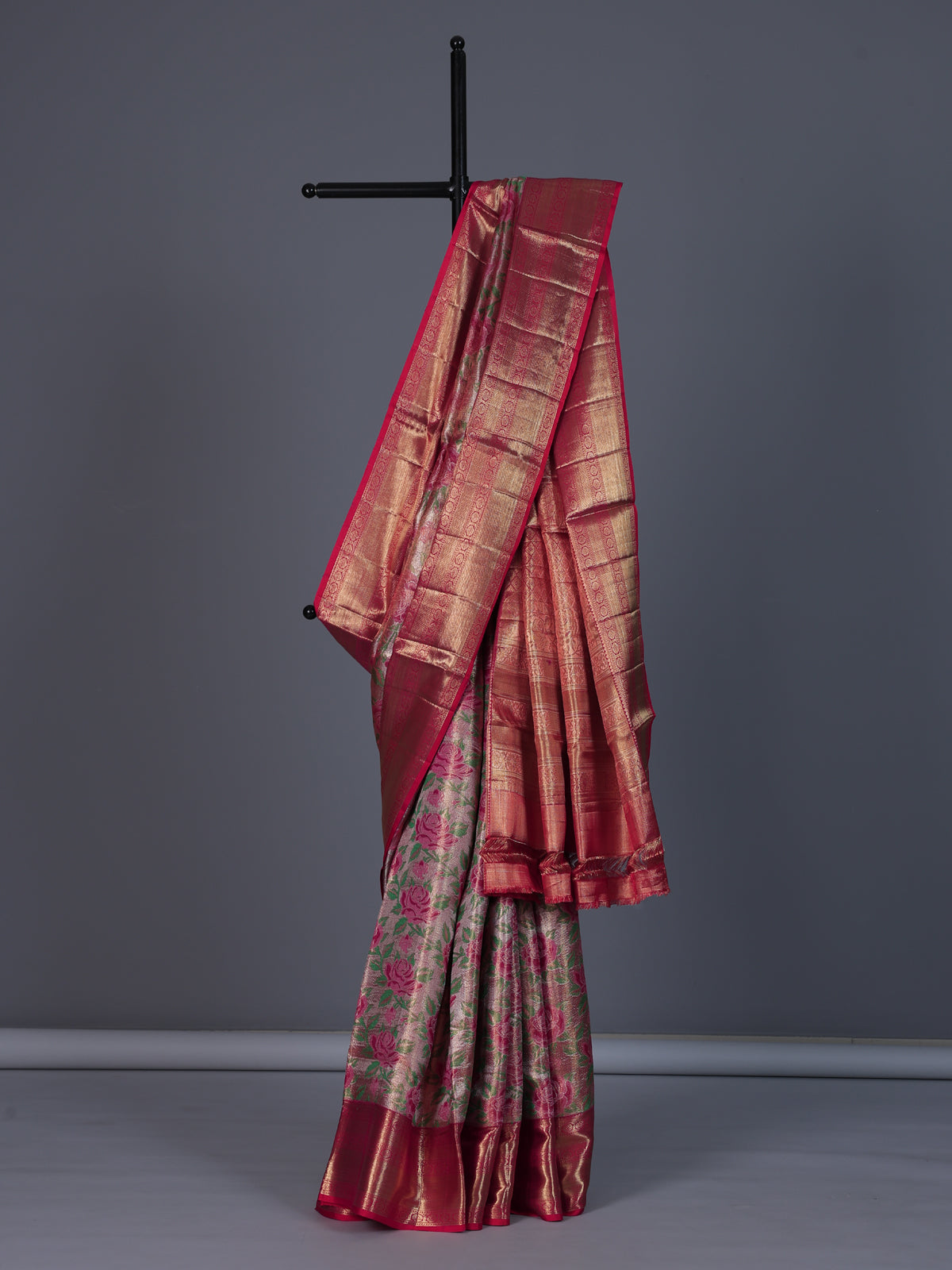 Light pink Kanjivaram silk saree with rose motifs