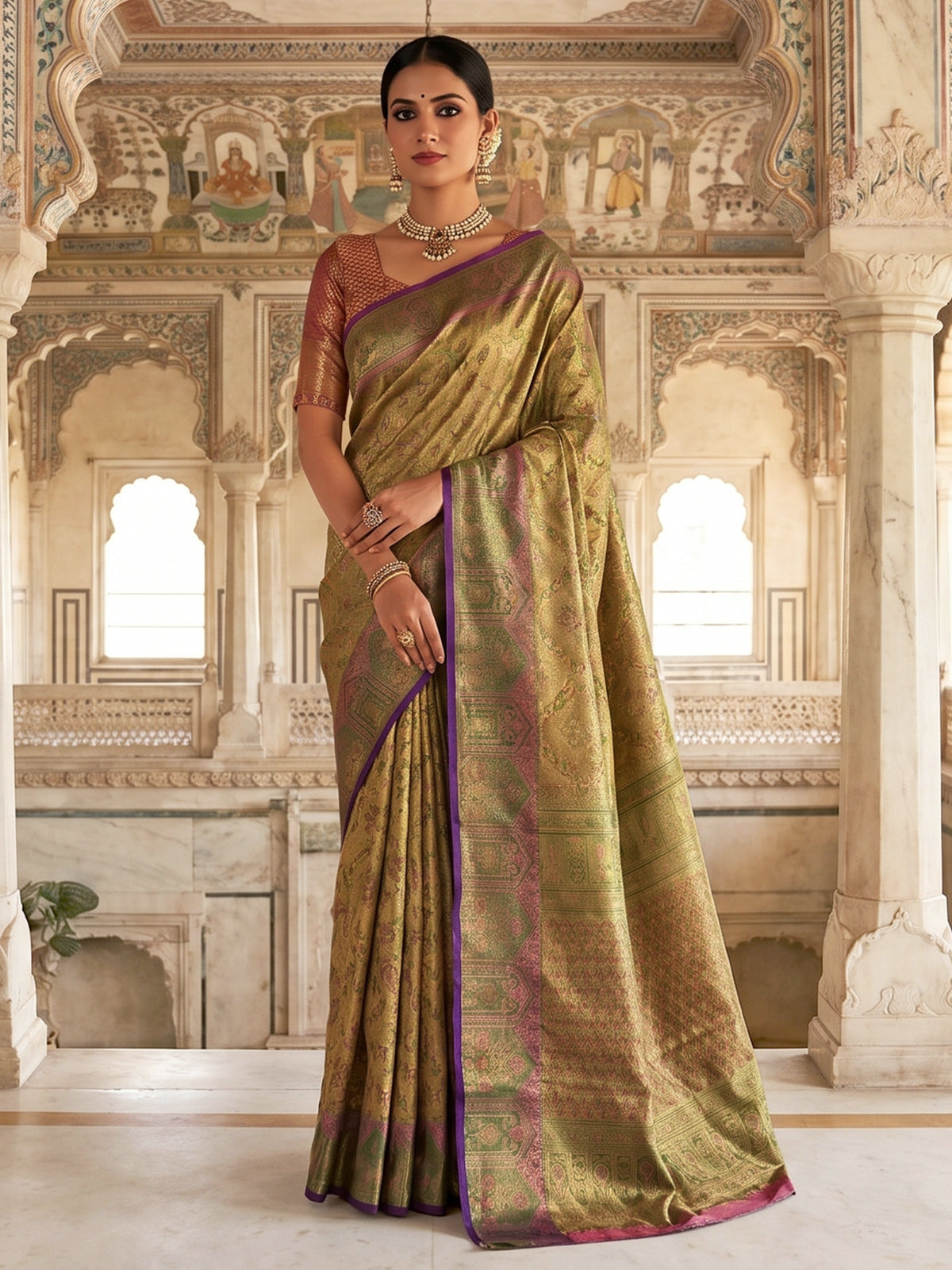 Golden Kanjivaram silk saree with zari shine
