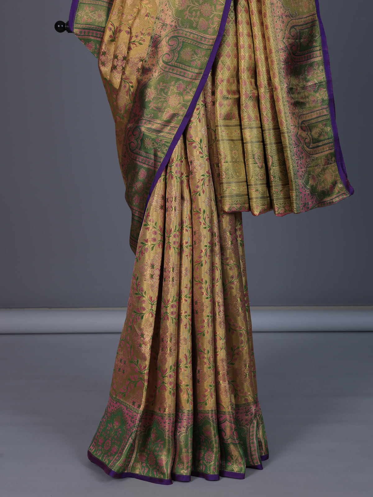 Golden Kanjivaram silk saree with zari shine
