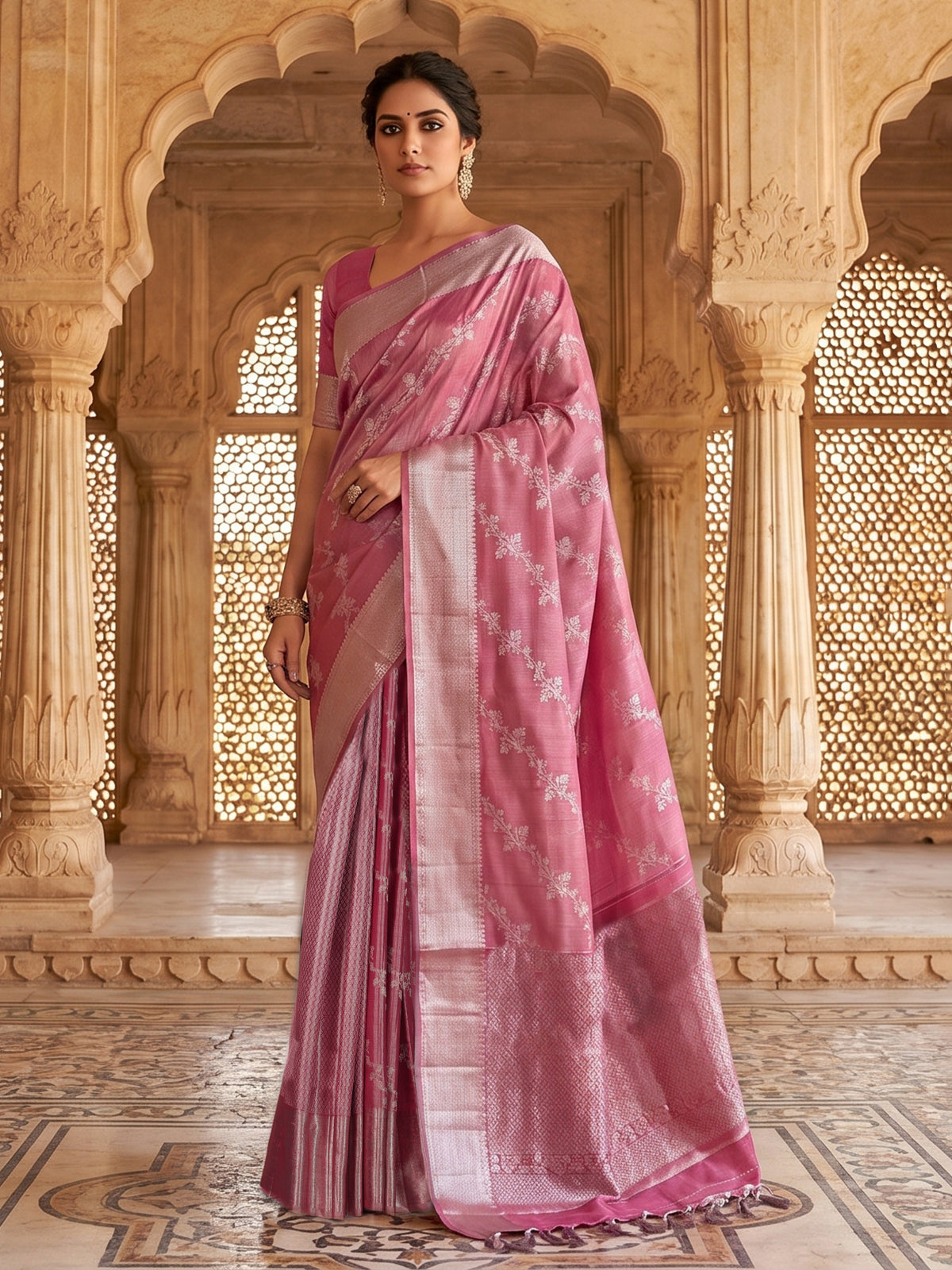 Pink saree in pure Kanjivaram silk for wedding wear