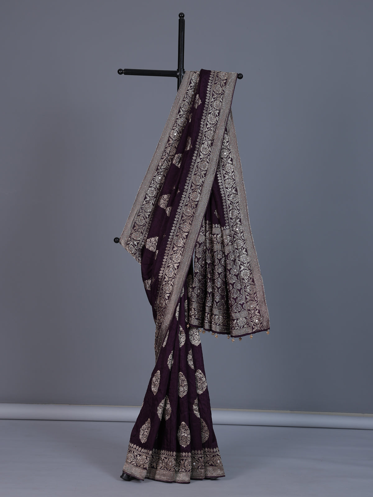Wine dola silk saree with cutdana work