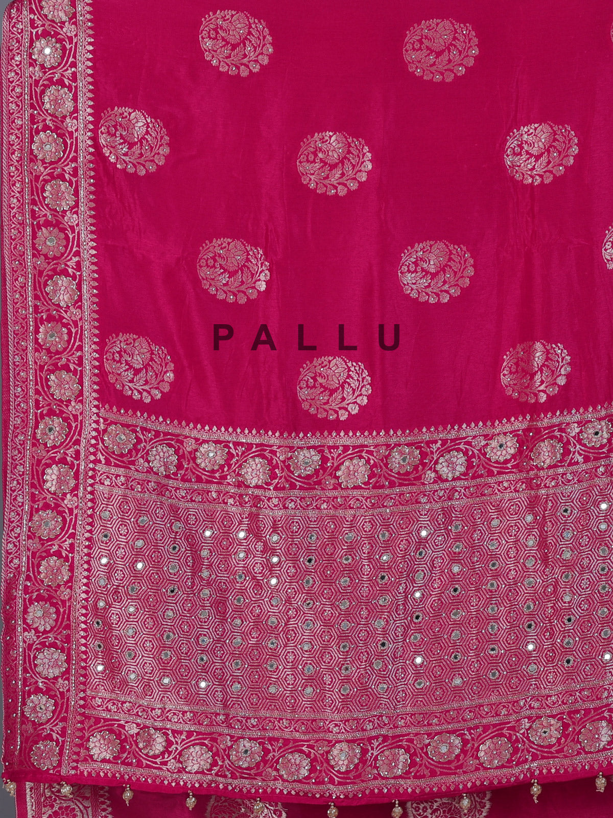Pink wedding wear dola silk saree with rich embellished border