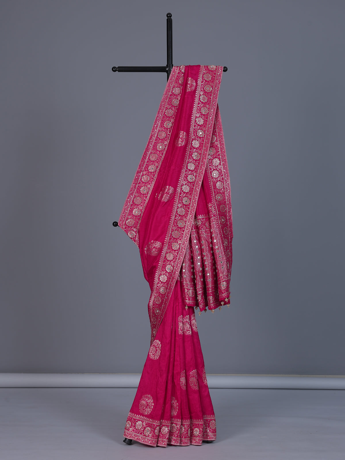 Pink wedding wear dola silk saree with rich embellished border