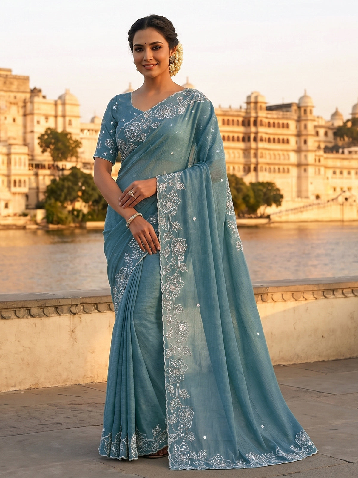 Firozi blue crushed tissue saree with radiant sequins elegance