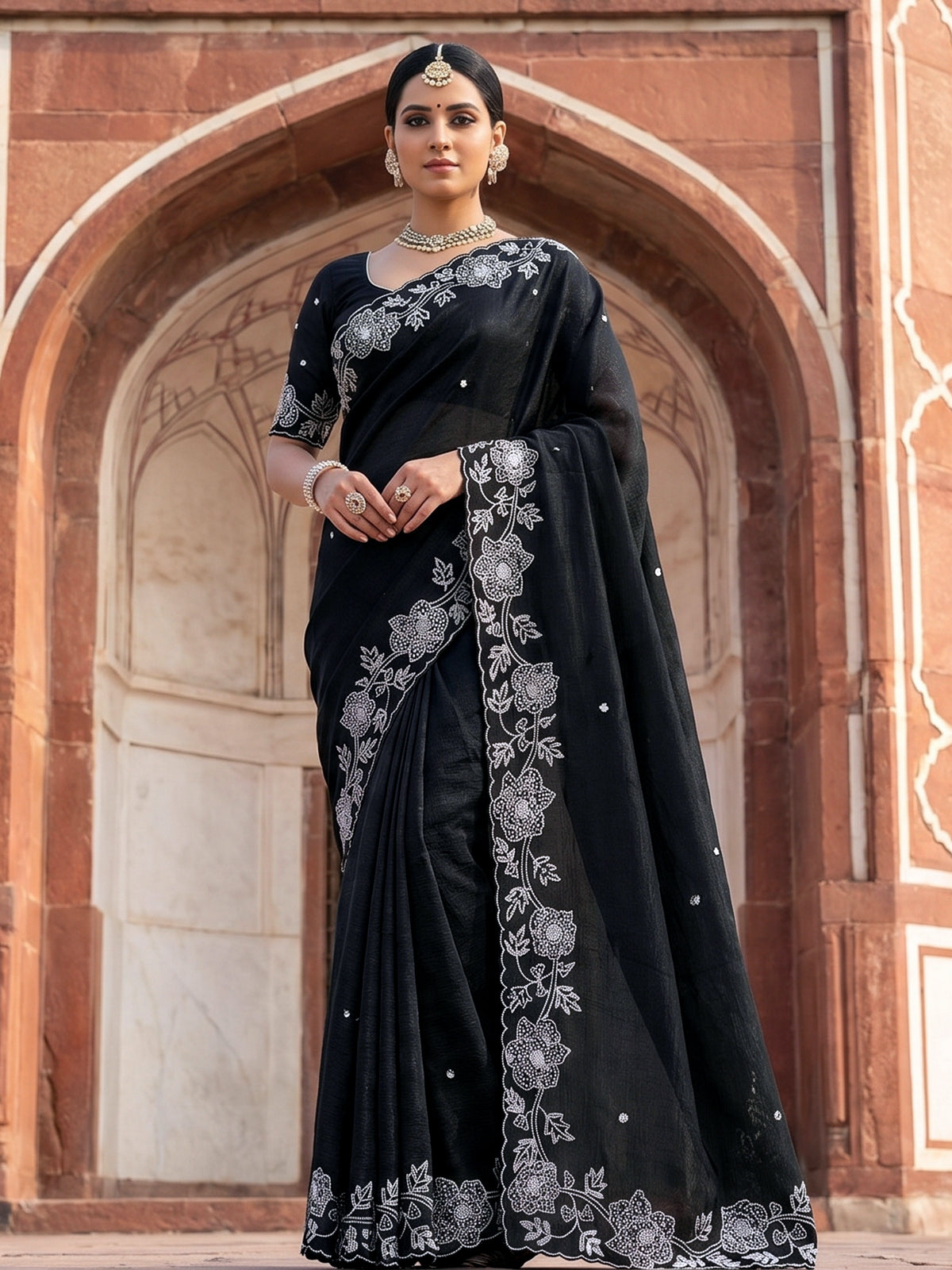 Black crushed tissue saree with glamorous beads and sequins work