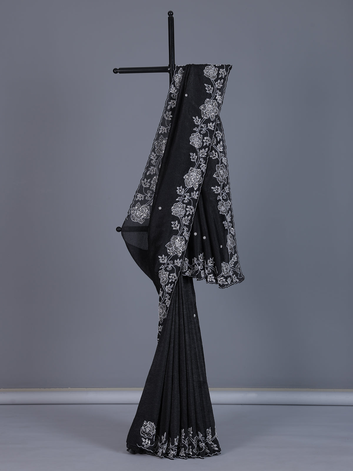 Black crushed tissue saree with glamorous beads and sequins work
