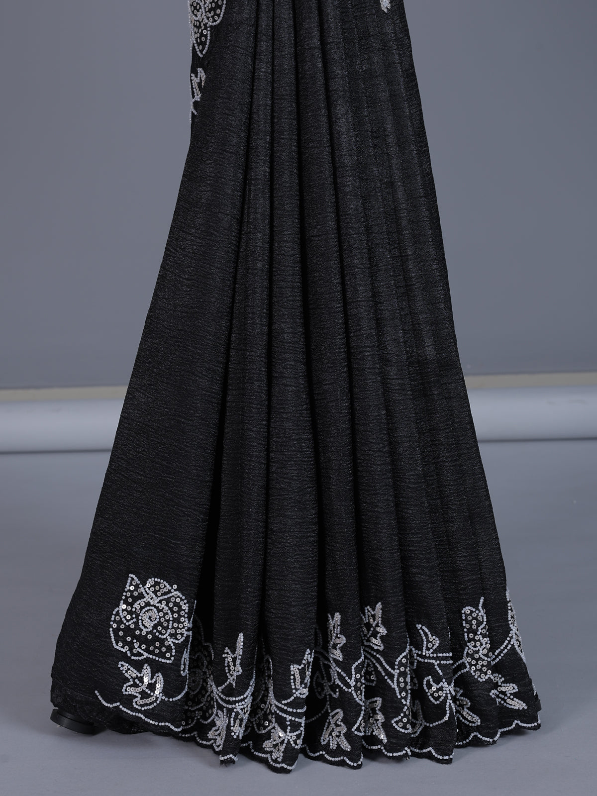 Black crushed tissue saree with glamorous beads and sequins work